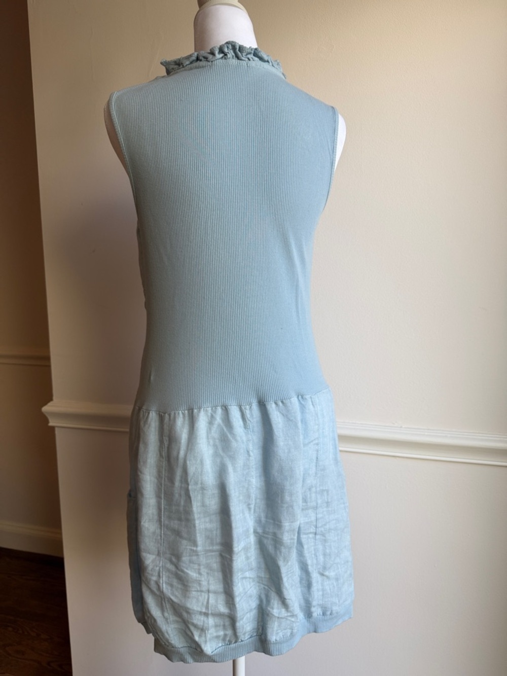 Made in Italy  Distressed Look Blue Balloon Triple Ruffle Top Dress S/M EUC - Picture 7 of 10